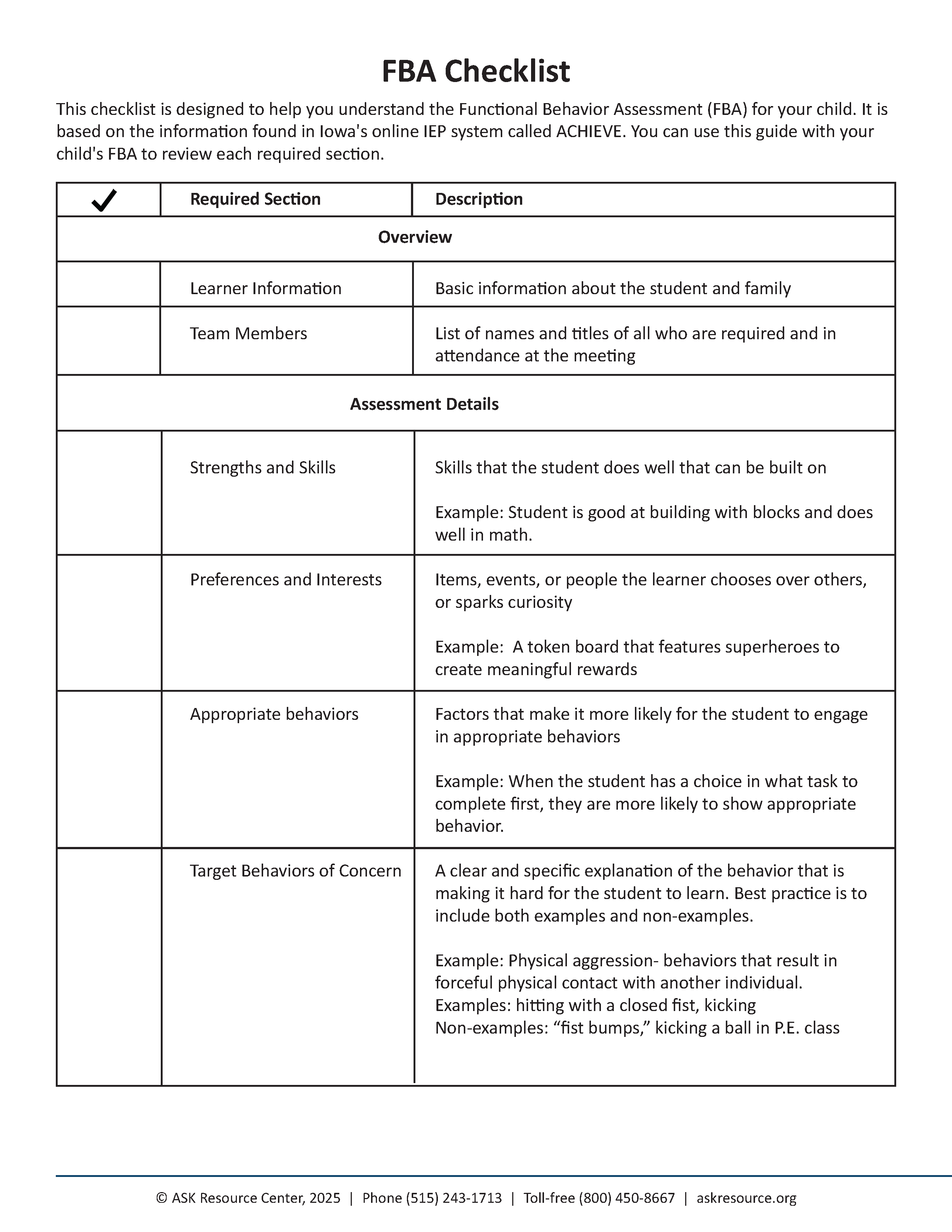 FBA Checklist – Overview and Assessment Details Page one of ASK Resource Center’s FBA Checklist. It includes a table outlining required sections for a Functional Behavior Assessment, divided into “Overview” and “Assessment Details.” The overview lists learner information and team members. Assessment details describe strengths and skills, preferences and interests, appropriate behaviors, and target behaviors of concern with examples. The footer lists ASK Resource Center contact information.